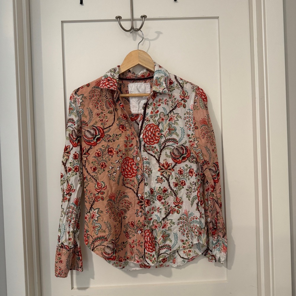 Cino Women Floral Block Print Cotton Button Down Shirt Coral Red Size S